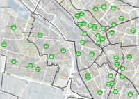 Schermafbeelding van de voorzieningenkaart Utrecht. De afbeelding is een kaart van de gemeente Utrecht met de wijken omlijnd.  